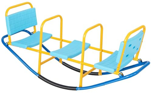 COSTWAY 3 Seats Seesaw, Kids Rocker Teeter Totter with Handlebars, Children's Playground Equipment for Outdoor Indoor (Blue)