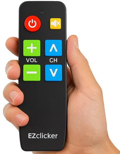 EZclicker TV Remote for Seniors, Extra Simple Big Button Remote (Black) Works with Major TV Brands, NOT for Streaming (2xAAA Batteries Not Included)