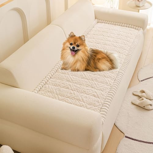 OTOB All Season Couch Cover for Dogs Washable, Non Slip Geometric Jacquard Fuzzy Soft Backrest Armrest Sofa Slipcovers Plush Pet Couch Covers Protector Pet Friendly, 1 Piece (White, 27.6x27.6)