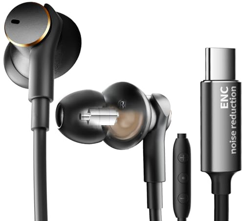 Premium Wired Ear bud with ENC Noise Reduction-Rich Deep Bass Dual-Driver In-Ear Eerphones,Call Noise Cancellation Earbuds USB C,Noise-Isolating Headphone Wired Volume Control (USB Type C Plug)