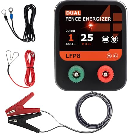 LFP8 12V Battery Powered Eletric Fence energiser, 1 Joule Output - 25 MIiles, Electric Fence Kit Includes Leads and Grounding Wire, DC Powered for Horse, cow, and other ainimals