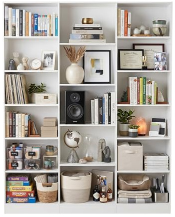 Xinyvee Libreria Verticale da Parete Bianca, Scaffale Angolare Salvaspazio, Libreria Scaffale Angolare con 17 spazi aperti di diverse dimensioni(149 x 23.5 x 188cm)