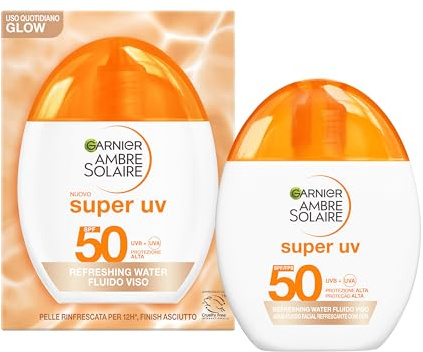 Garnier Fluido Viso Colorato, Per Tutti i Tipi di Pelle, Protezione SPF50 e Luminosità, Texture Fresca e Leggera, Formula Vegana, Super UV Refreshing Water, Ambre Solaire, 40 ml