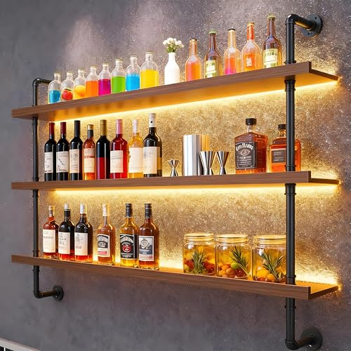 120 cm Porte-bouteilles De Vin Mural LED à 3 Niveaux pour Bar & Restaurant | Étagère Murale Bar Industriel en Bois et Métal avec Éclairage LED, Casier a Vin Mural Porte Bouteille pour Cuisine, Salon