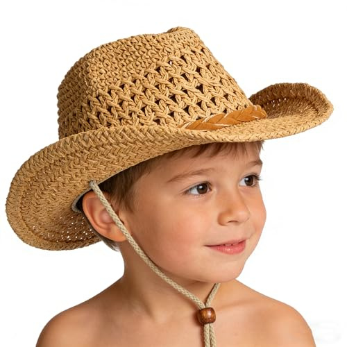 Western Cowboy Straw Hat for Boys Girls Wide Brim Sun Protection Kids Cowgirl Hat Shapeable Straw Sun Hats Fedora Panama Cap Foldable Summer Travel Beach Cap with Chin Strap for Kids Age 3-6