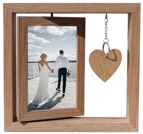 JHAZUN Cornice Foto in legno, 10 x 15 cm, Personalizzata Portafoto,Doppia Faccia Girevole,Con Ciondolo a Forma di Cuore,Regalo di Compleanno (Colore legno Naturale)