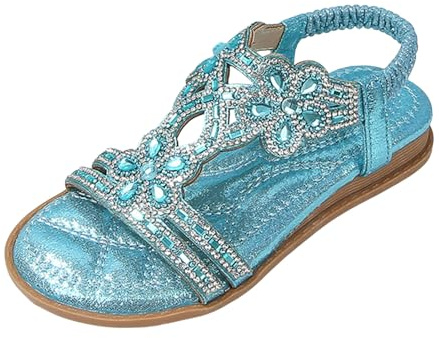 Damsandaler med strasstenar, Slingback, elastisk ankelrem, bohemiska strandskor för snygga glitterfester, elegant aftonklänning, bekvämt fritidsmode