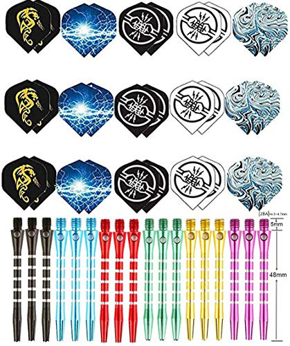 BIPY 48Pcs Dart Shafts and Flights Set in 18Pcs Aluminum 2BA Medium Stems and 30Pcs 2D Flight Metal Dart Accessories Kit