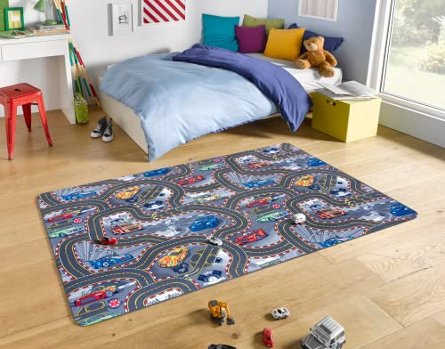 Hanse Home Play Spielteppich Straße – Kinderteppich rutschfest Jungen & Mädchen Kurzflor Teppich Straßen-Spielteppich Auto Rennstrecke-Motiv für Schlafzimmer, Kinderzimmer, Spielzimmer – 90x200cm
