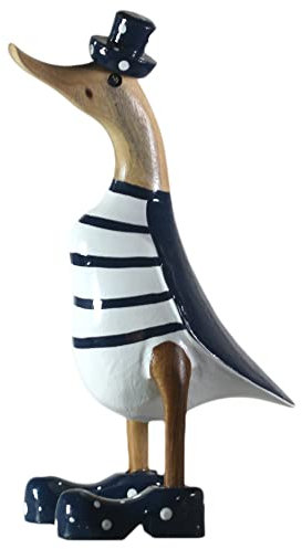 ART-CRAFT Anatra in legno, decorazione da giardino, statuetta in legno di bambù, radice e teak, dipinta a mano, blu, altezza 25 cm
