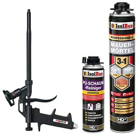 Isolbau Mauermörtel Set: 1x 750 ml PU-Mörtel 1x 500 ml Pistolenreiniger 1x Teflon Schaumpistole, PU-Reiniger, Montageschaum, Pistolenschaum
