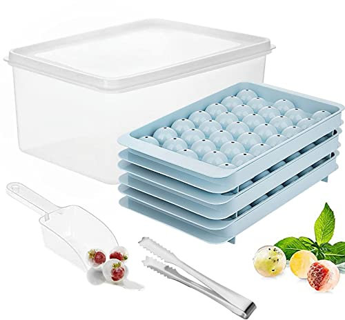 Eiswürfelschale mit Deckel Und Behälter, 99Pcs Kugel Eiskugelformen für Gefrierschrank, Eisbehälter und Zange, Schaufel, Einfaches Lösen, Perfekter für Gefrierschrank, Whisky, Cocktail und Getränke
