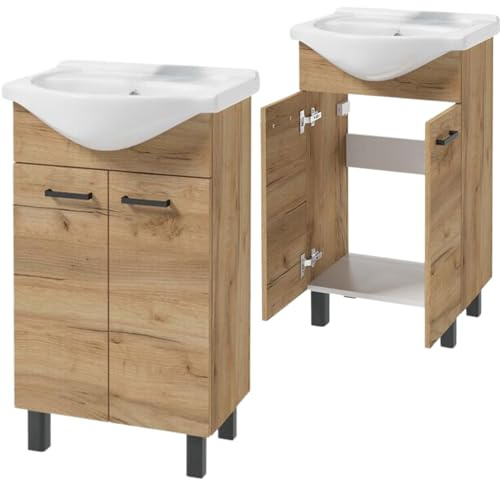 Domodomo - Mueble de baño con lavabo, 85 x 50 x 41 cm, mueble de baño de pie con cajón y armario inferior, lacado, elegante juego con lavabo de cerámica