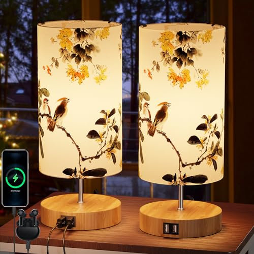 GPATIO Lampe de Chevet Lot de 2 Tactile, Lampe de Table Intensité Variable, Deco Chambre Imprimer Abat Jour Lampes, Lampes de Bureau Led avec Ports de Charge 2 USB pour Chambre Bureau, Cadeau