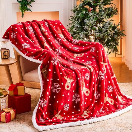 Ramees Christmas Throw Blanket, Christmas Decorations Blankets and Throws, Fuzzy Cozy Soft Warm Fleece Sherpa Winter Holiday Blanket for Bed Couch Sofa Reindeer Snowflakes