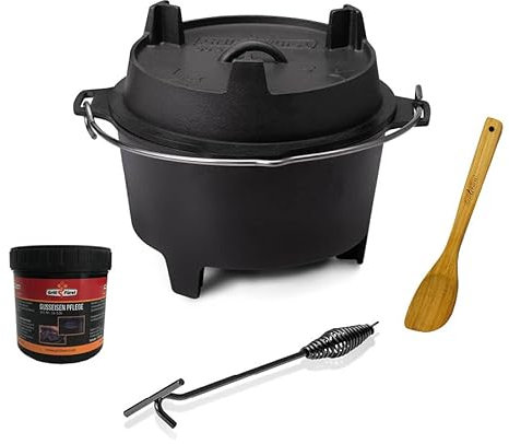 Grillfürst Dutch Oven ca. 9 Liter - stabil stehender Feuertopf durch speziell entwickelte T-Füße, hitzebeständiger Gusseisen Topf, Deckel als Pfanne nutzbar, DO 9