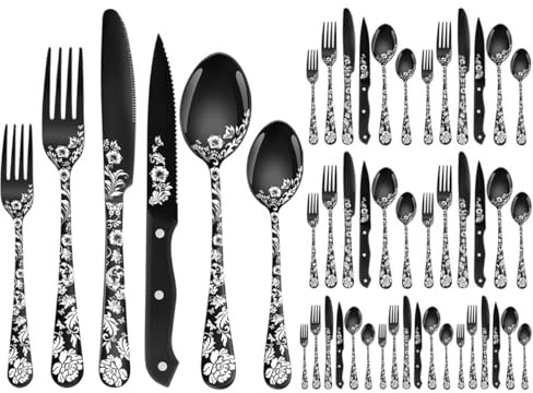XIAOYU Ménagère de Couverts 48 Pièces avec Couteaux à Steak, Ménagère en Acier Inoxydable pour 8 Personnes, Cuillères Fourchettes Ensemble de Couteaux avec Laser Fleur de Pivoine Unique, Noir