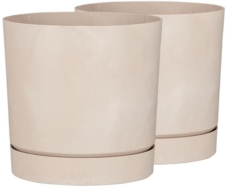 Tymar blomkruka med underlägg, 2-pack, dekorativ plastväxtkruka, modern, rund form, för inomhusbruk (ø 40 cm, (2-pack) BETO creme)