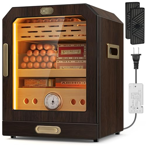 SEMKONT Cigar Humidor, Lighted Control Magnetic Door Desktop Cigar Humidor Cabinet,with Cigar Accessory Drawer and 2 humidifiers 3 Layer Large Capacity Humidor,Hold 100-150 Cigars (Brown)