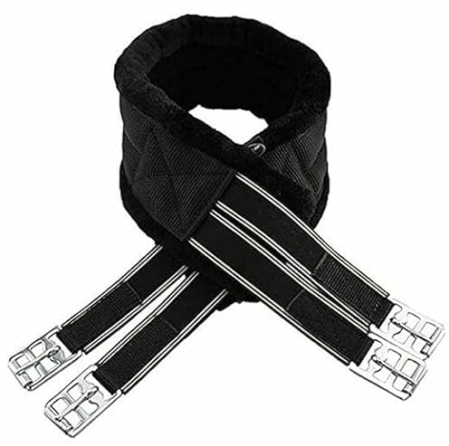 Horse Fleece Lined Padded Girth Synthetic Saddle Jumping Girth Equine Elasticated Ends Soft Faux Fur/Mink/Fleece lined (BLACK, 46'')