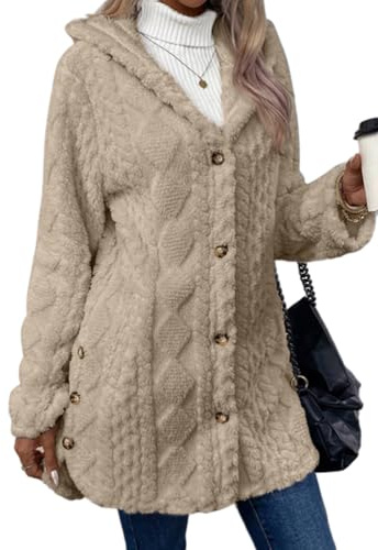 Onsoyours Gilet Femme Hiver Long en Tricot Cardigan à Capuche Manches Longues Boutonnage Casual Automne Gilet Long Polaire A Kaki L