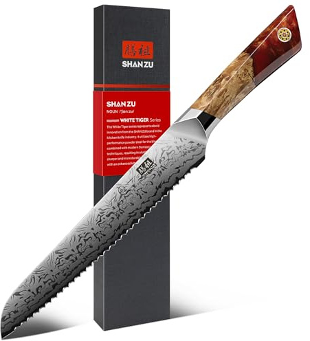 SHAN ZU Coltello da pane Damasco 20 cm, in acciaio a polvere SG2, forgiato a mano a 91 strati Coltello in acciaio Damasco con manico in acero - Serie White Tiger