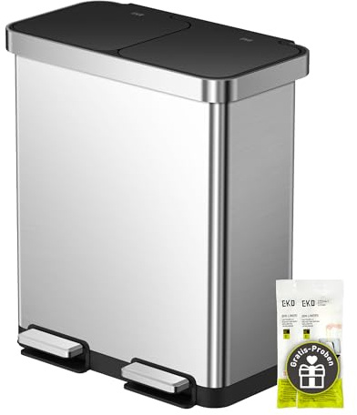 EKO Mülleimer 2 Fächer, 40 + 28 Liter, Edelstahl Tretmülleimer, 12 Müllsäcke, ein herausnehmbarer Inneneimer, langlebigen Pedalen, Soft Closing, fingerabdruckfrei, Mülltrennsystem, Abfalleimer küche