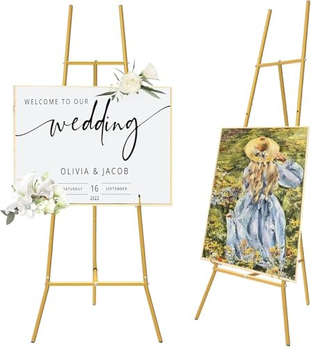 Gold Staffeleiständer für Schild- Heavy Duty Metall Freistehende Verstellbare Staffelei Hochzeit (3-Tier), Staffelei Groß Stand für Gemälde, Hochzeit, Show