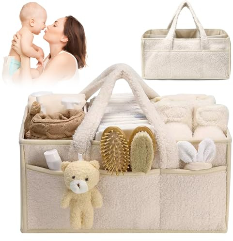 HOVCEH Organizador Pañales, Portátil Cesta Organizadora Bebe, Fieltro Organizador Bebe con Asa, Grande Pañales Bolso Para Bebés para Bebes Recien Nacidos de Viaje (Blanco) (Blanco)