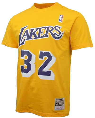 Mitchell & Ness NBA Name & Number T-Shirt - LOS Angeles Lakers, Magic Johnson, Größe L, Gelb-Lila, 100% Baumwolle, Herren, Frauen, Kinder, Unisex, Frühling, Sommer, Herbst, Winter