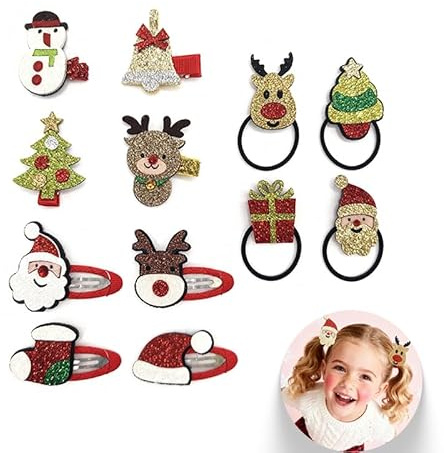 12 Pièces Pince à Cheveux de Noël, Accessoires Capillaires de Noël pour Enfants, Épingles à Cheveux Glitter, Élastiques à Cheveux et Clips de Dessin Animé pour Filles à Thème Festif, Barrette Noel
