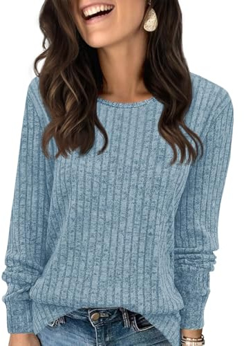 Fisoew Jersey de Manga Larga para Mujer, Cuello Redondo, Informal, Corte Holgado, Sudadera, Azul, M