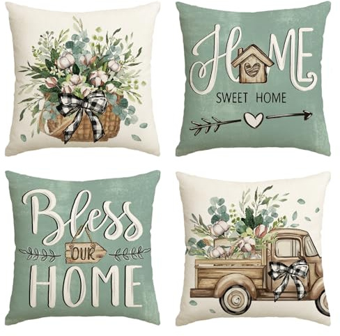 Artoid Mode Blu Eucalyptus Kapok Cesto di Fiori Camion Primavera Federe per Cuscino 4 Pezzi, 45x45 cm Home Sweet Home Federa per Cuscino Decorativa Copertina per Cuscino Decorazione per Divano