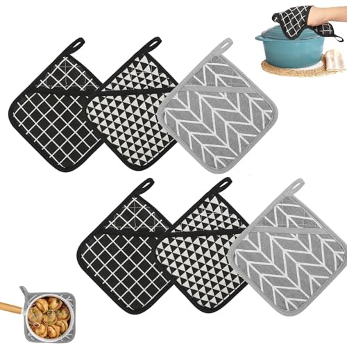 6 Piezas Manoplas De Cocina,Manoplas Resistentes Al Calor,Juego De Agarraderas Cuadradas,16 x 16cm,Gris Y Negro,Lavables, para Hornos Cocina Y Hornear