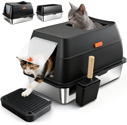 ZAKVOP Arenero para Gatos de Acero Inoxidable, XL Caja de Arena Gato Cerrada con Tapa, Doble Entrada y Alfombrilla Antiderrames, Bandeja Antifugas para Gato Grande y Multiuso Cat Litter Box