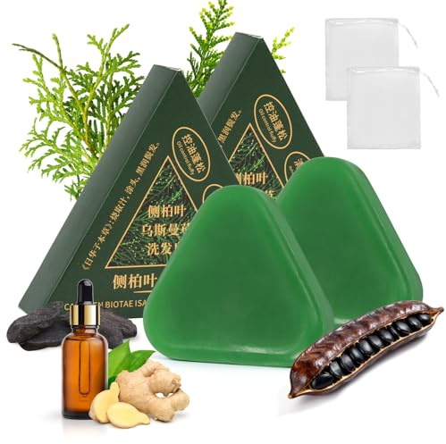 2 Pane Di Natura Seven Green Soap Shampoo,Triangolo Shampoo Bar,Shampoo Solido Con Foglie Di Cipresso E Erba Usman Per Pulisce E Nutre I Capelli, Promuove La Crescita