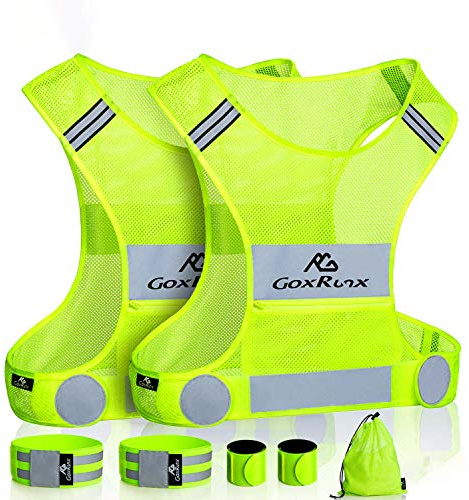 2 Pack Reflective Vest Running Gear, Ultralight & Comfy Cycling Reflective Vests with Large Pocket & Adjustable Waist for Women Men, Night Runner Safety Vest + Hi Vis Armbands & Bag(Medium)