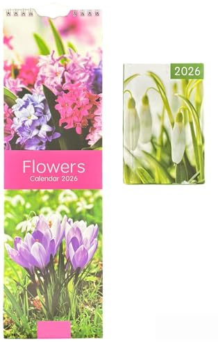 PSO 2026 Super Slim Month to View Spiral Bound Hanging Wall Calendar + Pocket Diary Home Office (Flowers)