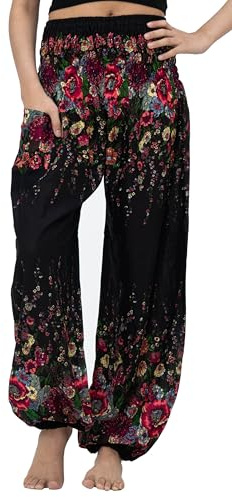 B Bangkok Pants Sarouel pour Femme - Vêtements de Yoga bohème avec Poches, Motif Floral Noir, Taille Unique