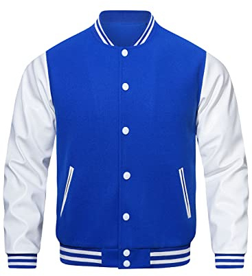 HOOD CREW Mens Varsity Jackets Faux Leather Sleeve Letterman Boys College Baseball Jacket Blue XL