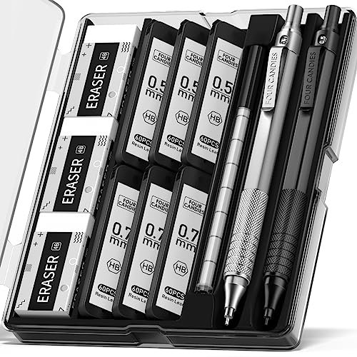 Four Candies 2Pcs Schwarz & Silbrig Metal Mechanical Pencils mit 0.5 mm & 0.7mm, Druckbleistifte Set mit Etui, mit 360PCS HB Mine Refills, 3 Radiergummis, 9 Radiergummi Refills für das Schreiben