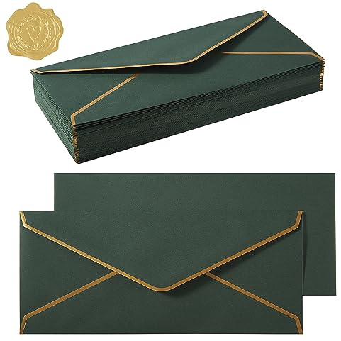 100 Pack #10 Business Envelopes with Gold Border, Self Seal Standard Envelopes with Gold Stickers for Office, Checks, Letter Mailing, Invoices, 4 1/8 x 9 1/2 Inches (Dark Green)