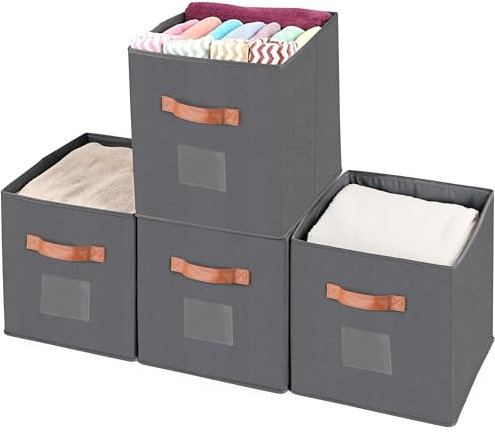 Winter Shore Graue Aufbewahrungsbox Stoff mit Etikettenhaltern [4er-Pack] Faltbare Stoffboxen Aufbewahrung mit Griffen zum Organisieren von Kleidung, Regal & Zimmer - Aufbewahrungsbox 38x33x35.5 cm