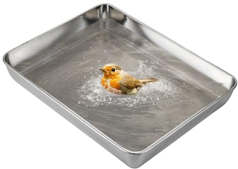 kathson Stainless Steel Bird Bath 16.14×12.2×2.36 Metal Bird Bath Tray Pet Bird Cleaning Accessories Bird Bathtub Bird Bath Tray Pet Shower Tub Pigeon Bathtub Bird Cage Bathtub Tray