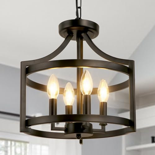 KMaiPem Modern Schwarz Kronleuchter Umwandelbare Deckenlampe Wohnzimmer, 4 Lichter Rustikal Vintage Deckenleuchte, Höhenverstellbare Bauernhaus Landhaus Hängelampe Schlafzimmer, Pendelleuchte Flur