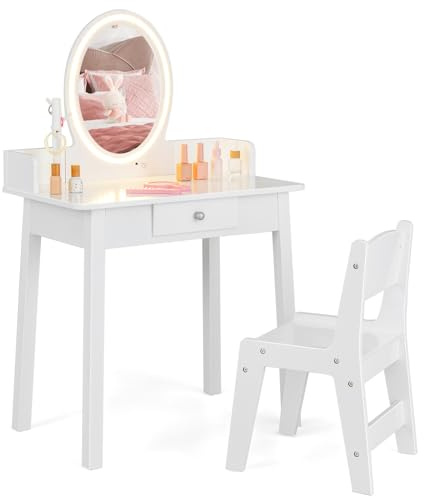 LIFEZEAL Toeletta per Bambini con Sedia e Specchio LED a 2 Colori, Tavolo da Trucco per Ragazze con Cassetto e Organizer a Forma di Albero, Set da Scrivania per Bambini dai 3 a 8 Anni