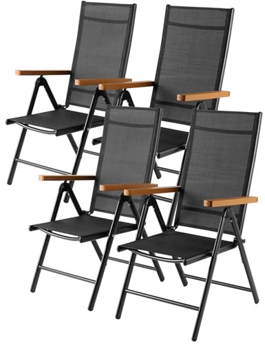 LIFERUN Gartenstühle Alu 4er Set, Gartenstuhl Hochlehner Klappbar mit 7-Fach Verstellbar Rückenlehne, Teakbraun WPC Armlehnen, Balkonstühle bis 120kg, Leicht Campingstühle, Komfortabel Wetterfest 4pcs