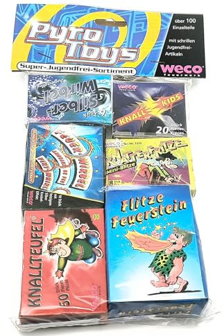 vama Weco Retro Pyrotoys 100 teiliges Spaß Jugendfeuerwerk Set F1 Feuerringe Silberwirbel Knallerbsen Wunderkerzen Knall Kids Knatterfritze Flitze Feuerstein