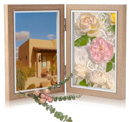 RXKFIGX Cornice Doppia, Portafoto da Tavolo, 15 x10 Portafoto Doppio, Portafotoes Pieghevole in Legno, Cornice Cornice Fotografica, con Lastra di Vetro, per Camera da Letto, Soggiorno e Ufficio