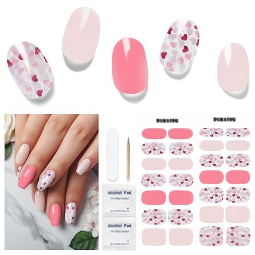Semi Cured Heart Gel Nail Strips, 28 pcs, Work with Any UV Lamp, Long Lasting Nail Wraps for Valentine's Day, Salon Quality (Love Pink)